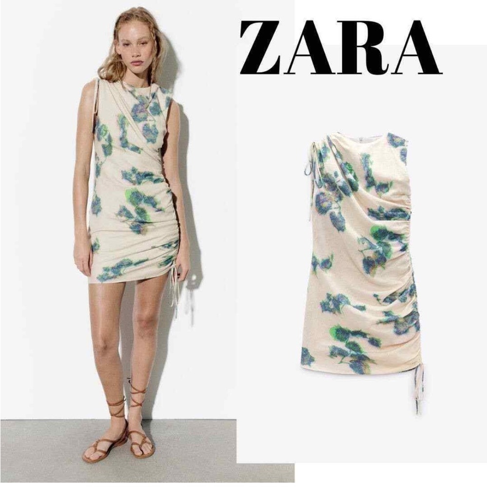 Zara Limited Edition Linen Mini Dress Ruched Oil Print Blue Cream Abstract XL - Picture 3 of 9
